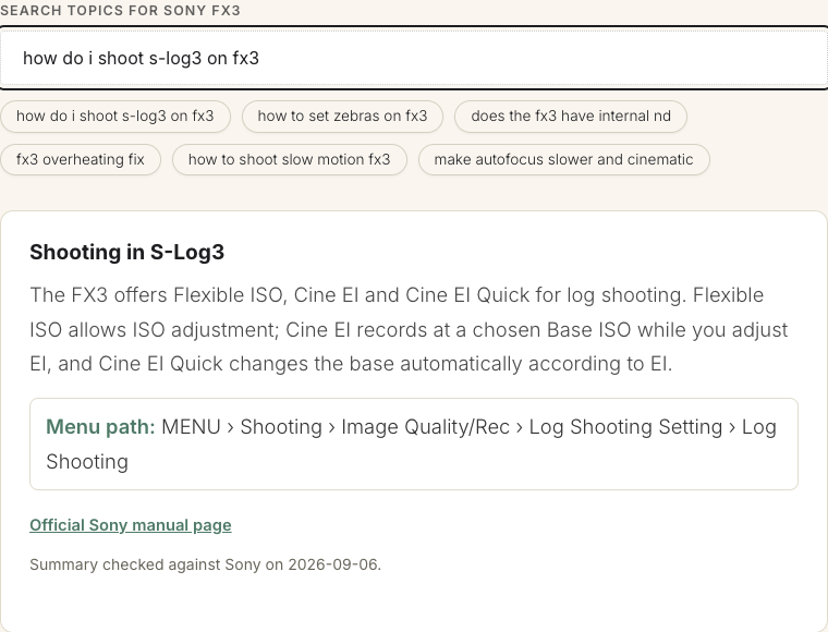 Camera Manual Assistant showing an S-Log3 answer for the Sony FX3.