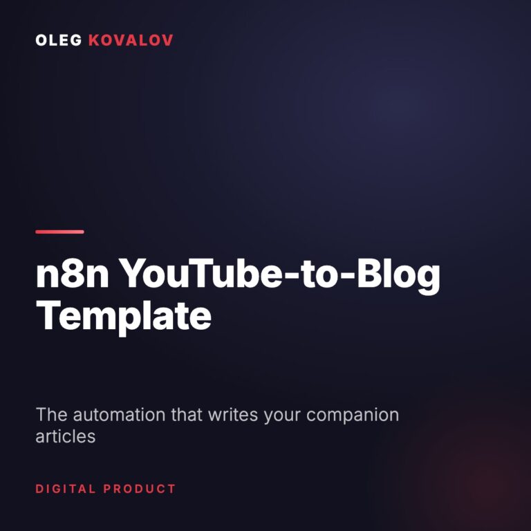 n8n YouTube-to-Blog Automation Template - dark branded product card