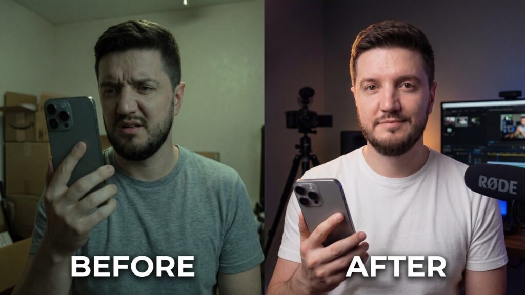 iPhone video setup with lighting, audio, and stabilization